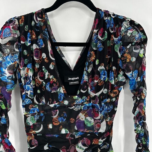 DESIGUAL Black Colorful M. Christian Lacroix Short Ruched V-Neck Mini Dress XS - Picture 6 of 11